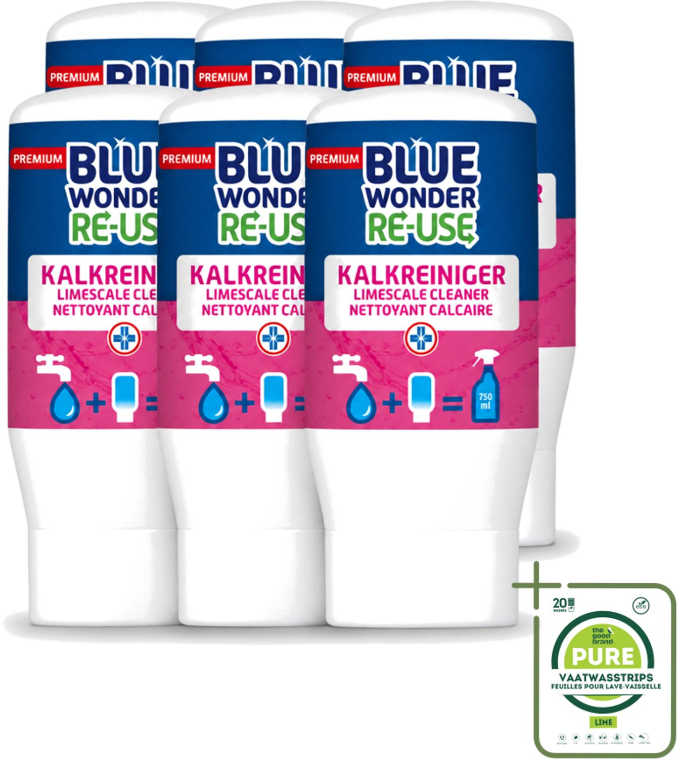 6 x Blue Wonder - Premium Re-use Kalkreiniger - 50 ml - Grootverpakking - Kalkreiniger - Badkamer Reinigen - Kalk Verwijderen - Vet Verwijderen - Vuil Verwijderen