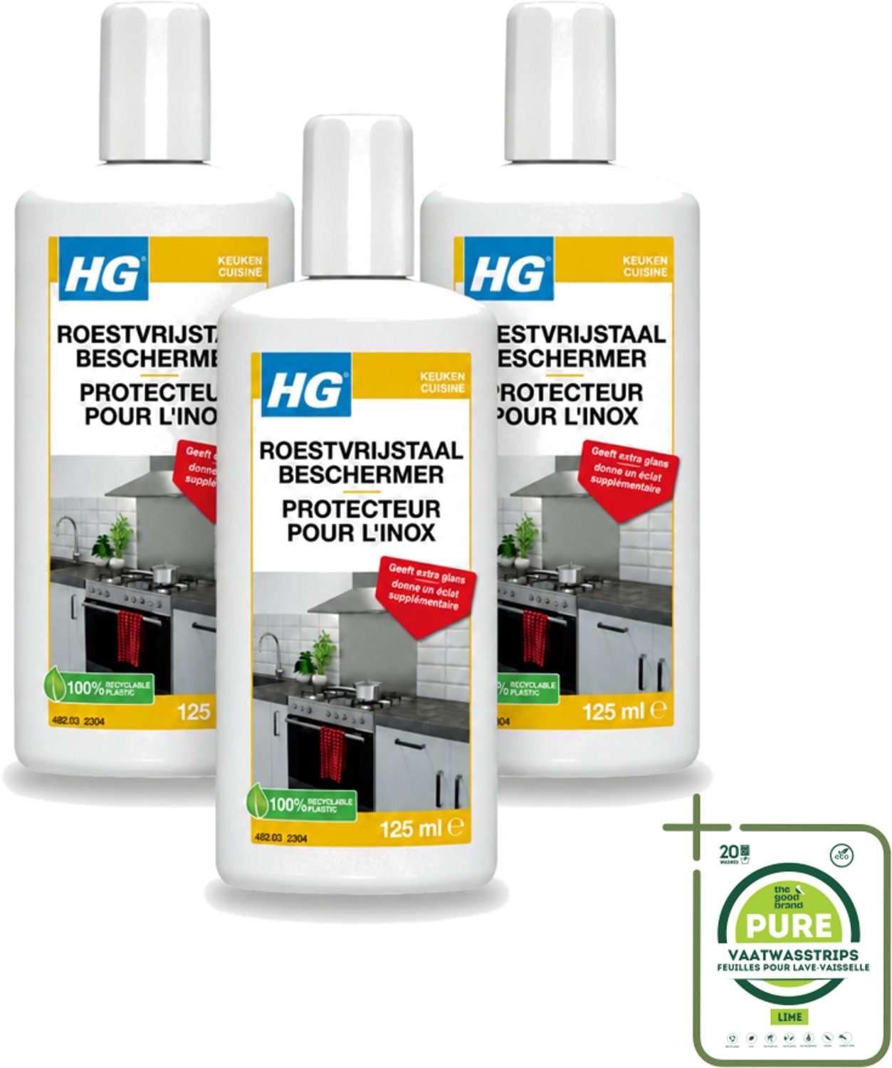 3 x HG - Roestvrijstaal Beschermer - Geeft Extra Glans - 125 ml - Grootverpakking - Vaatwasstrips - Roestvrijstaal Reiniger - Roestvrijstaal Beschermer - Keuken Reiniger - Glans Geven - Vlekken Verwijderen