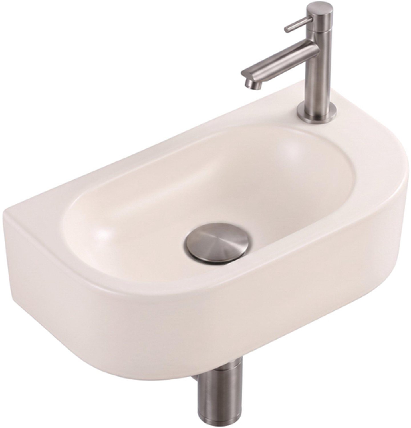 QeramiQ Fuente fonteinset – halfrond – 40x22x12 cm – keramiek linnen – kraangat rechts – kraan geborsteld RVS