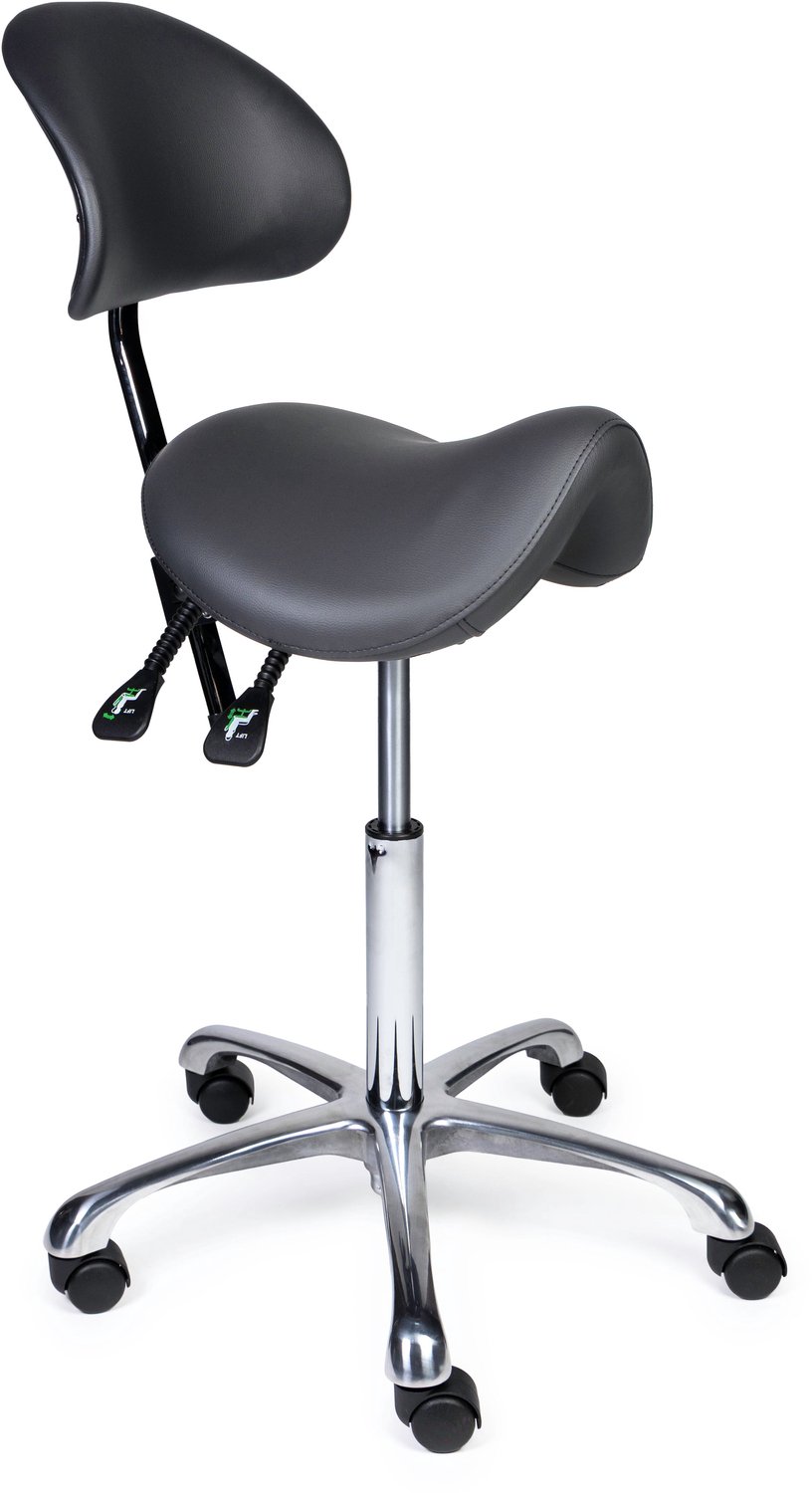 Ergonomische Zadelkruk met Rugleuning Premium Grijs op Wielen Hoge uitvoering (70-84cm) / Zonder voetensteun / Standaard wielen
