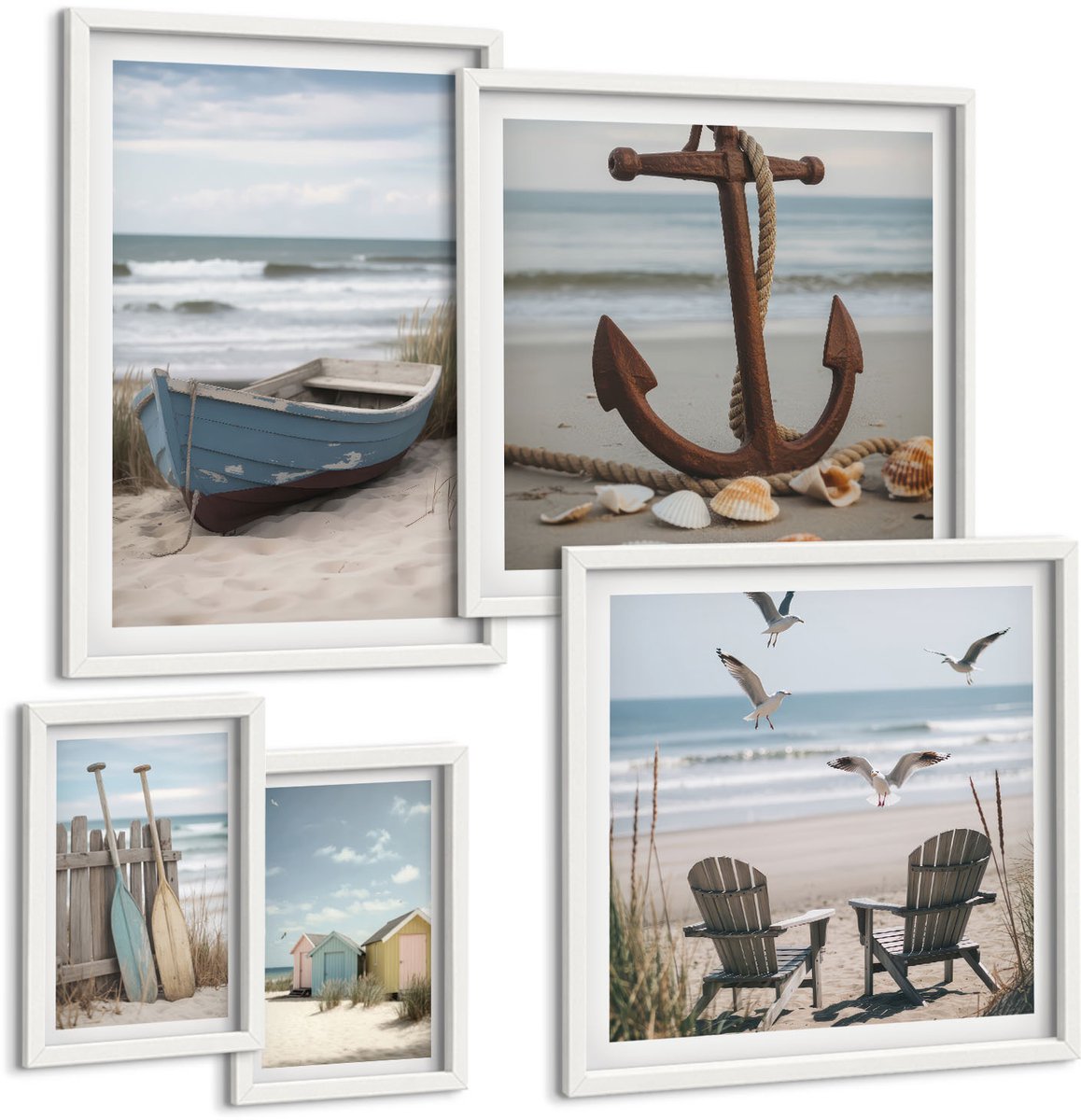 Coloray 5-Delige Schilderij Set - Sfeer Aan Zee, Ontspanning Aan Zee En Strand - 50 x 50 cm, 20 x 30 cm En 40 x 60 cm - Stijlvolle Wanddecoratie - Interieur - Muurdecoratie