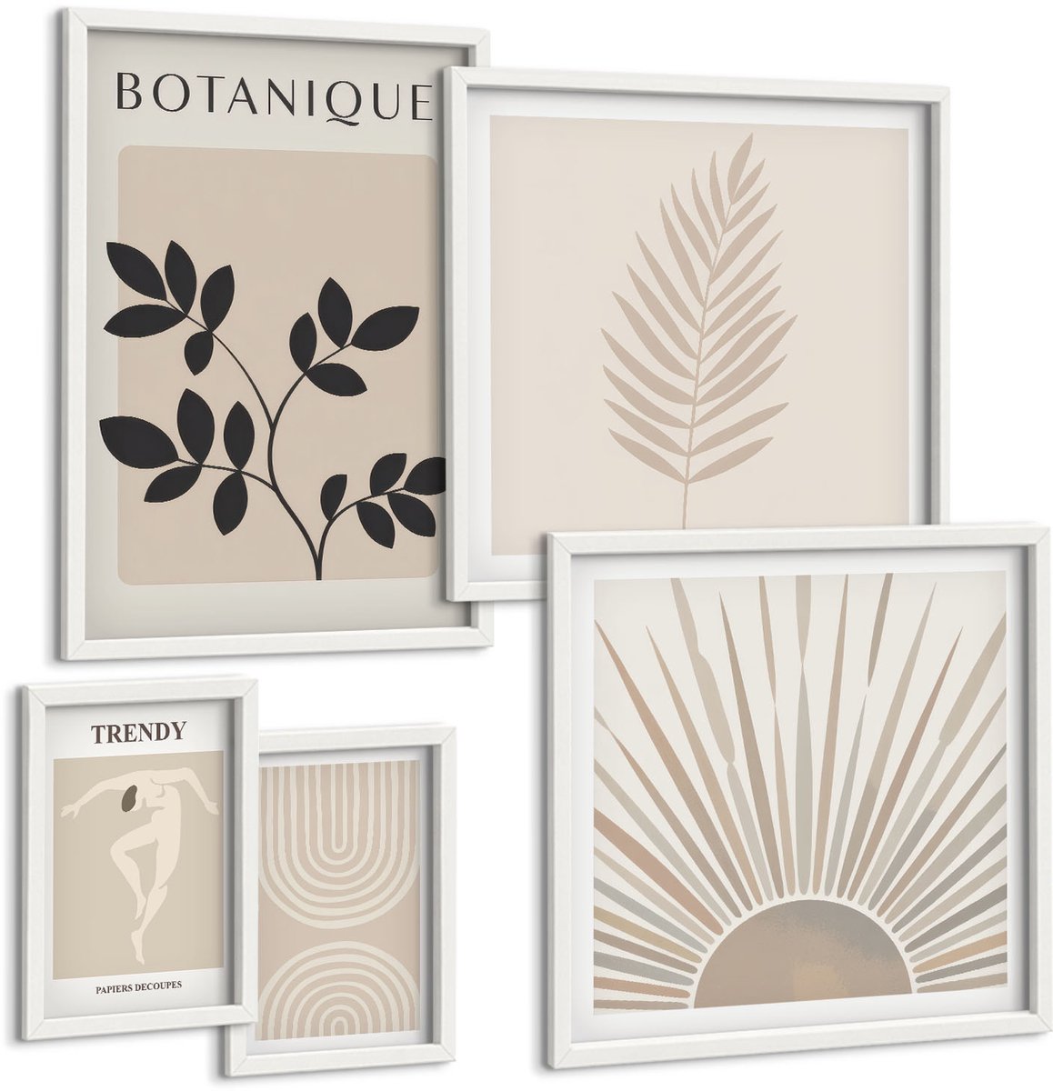 Coloray 5-Delige Schilderij Set - Stijlvolle Decoraties Met Plantaardige En Geometrische Motieven. - 50 x 50 cm, 20 x 30 cm En 40 x 60 cm - Stijlvolle Muurdecoratie - Slaapkamer - Interieur Decoratie