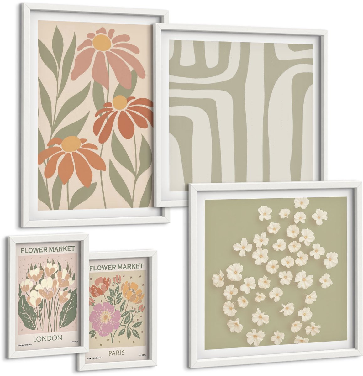 Coloray 5-Delige Schilderij Set - Bloemmotieven Van De Markten Van Londen En Parijs In Boho-Stijl - 50 x 50 cm, 20 x 30 cm En 40 x 60 cm - Schilderijen Set - Wanddecoratie - Woonkamer