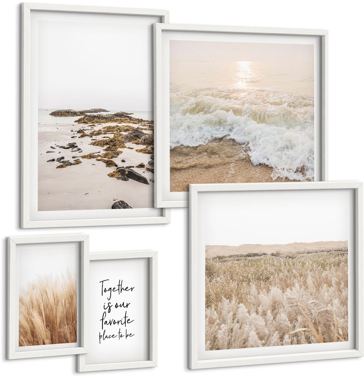 Coloray 5-Delige Schilderij Set - Natuurlijke Strandlandschappen Met Natuurthema En Citaat - 50 x 50 cm, 20 x 30 cm En 40 x 60 cm - Muurdecoratie - Decoratieve Schilderijen - Wohnzimmer - Interieur Decoratie