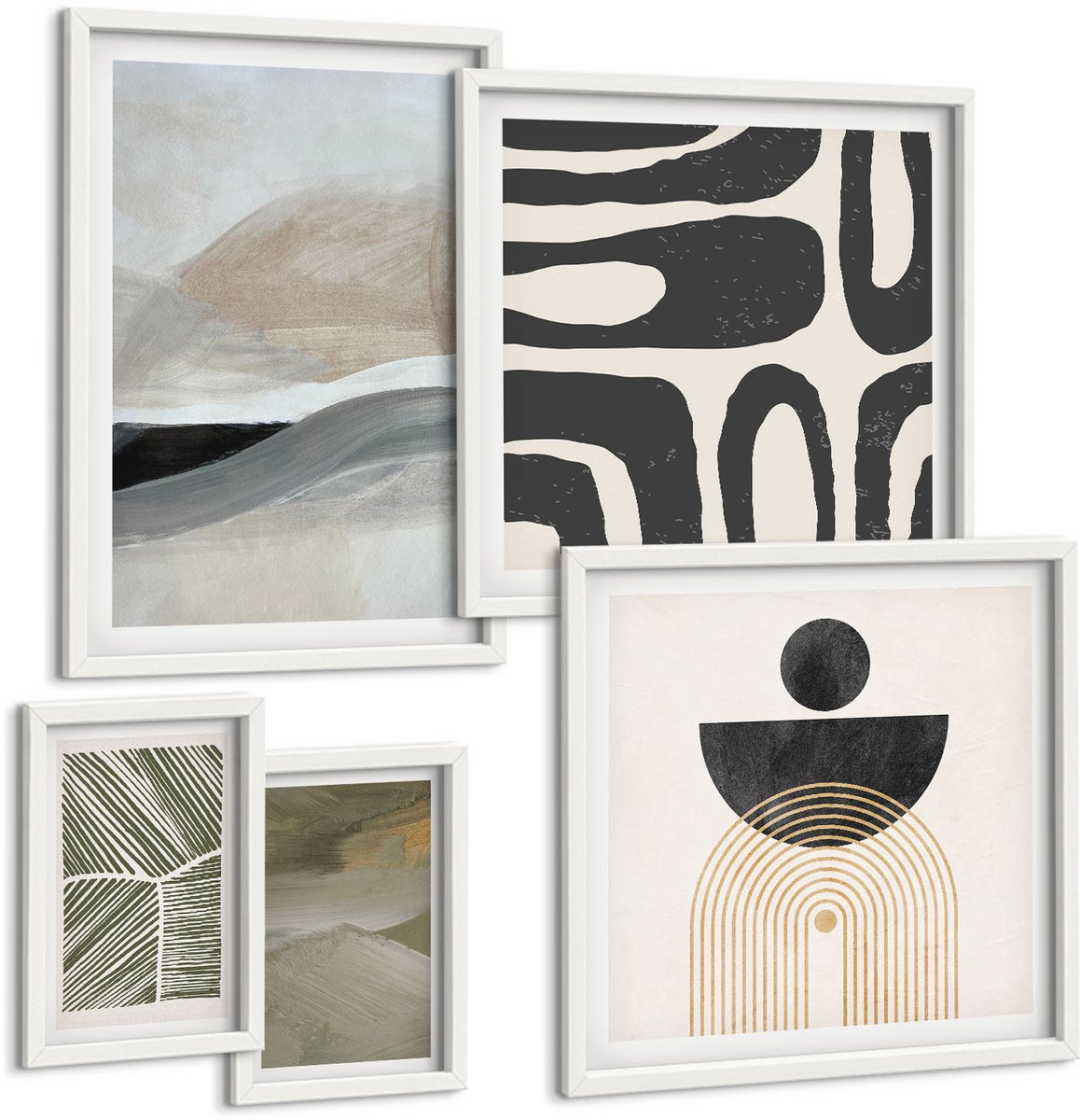 Coloray 5-Delige Schilderij Set - Abstracte Patronen En Vormen In Ingetogen Kleuren. - 50 x 50 cm, 20 x 30 cm En 40 x 60 cm - Stijlvolle Muurdecoratie - Slaapkamer - Decoratieve Schilderijen