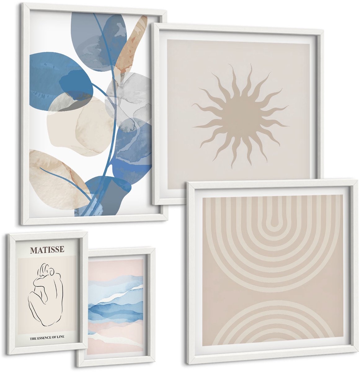 Coloray 5-Delige Schilderij Set - Stijlvolle Abstracte Composities Met Plantenaccenten - 50 x 50 cm, 20 x 30 cm En 40 x 60 cm - Stijlvolle Muurdecoratie - Slaapkamer - Wanddecoratie