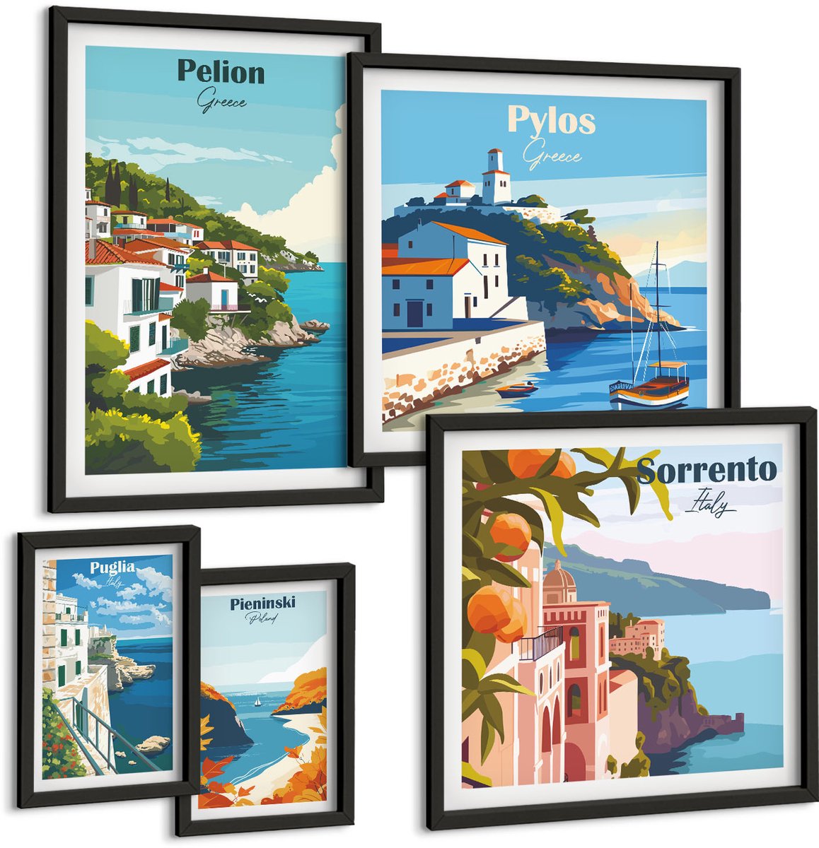 Coloray 5-Delige Schilderij Set - Landschappen Van Griekse Eilanden En Pittoreske Stadjes - 50 x 50 cm, 20 x 30 cm En 40 x 60 cm - Wanddecoratie - Moderne Interieurdecoratie - Muurdecoratie