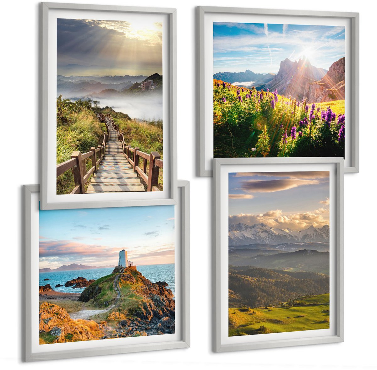 Coloray 4-Delige Schilderij Set - Berglandschappen Met Bloemen, Lucht En Pad. - 40 x 40 cm En 40 x 60 cm - Moderne Wanddecoratie - Woonkamer