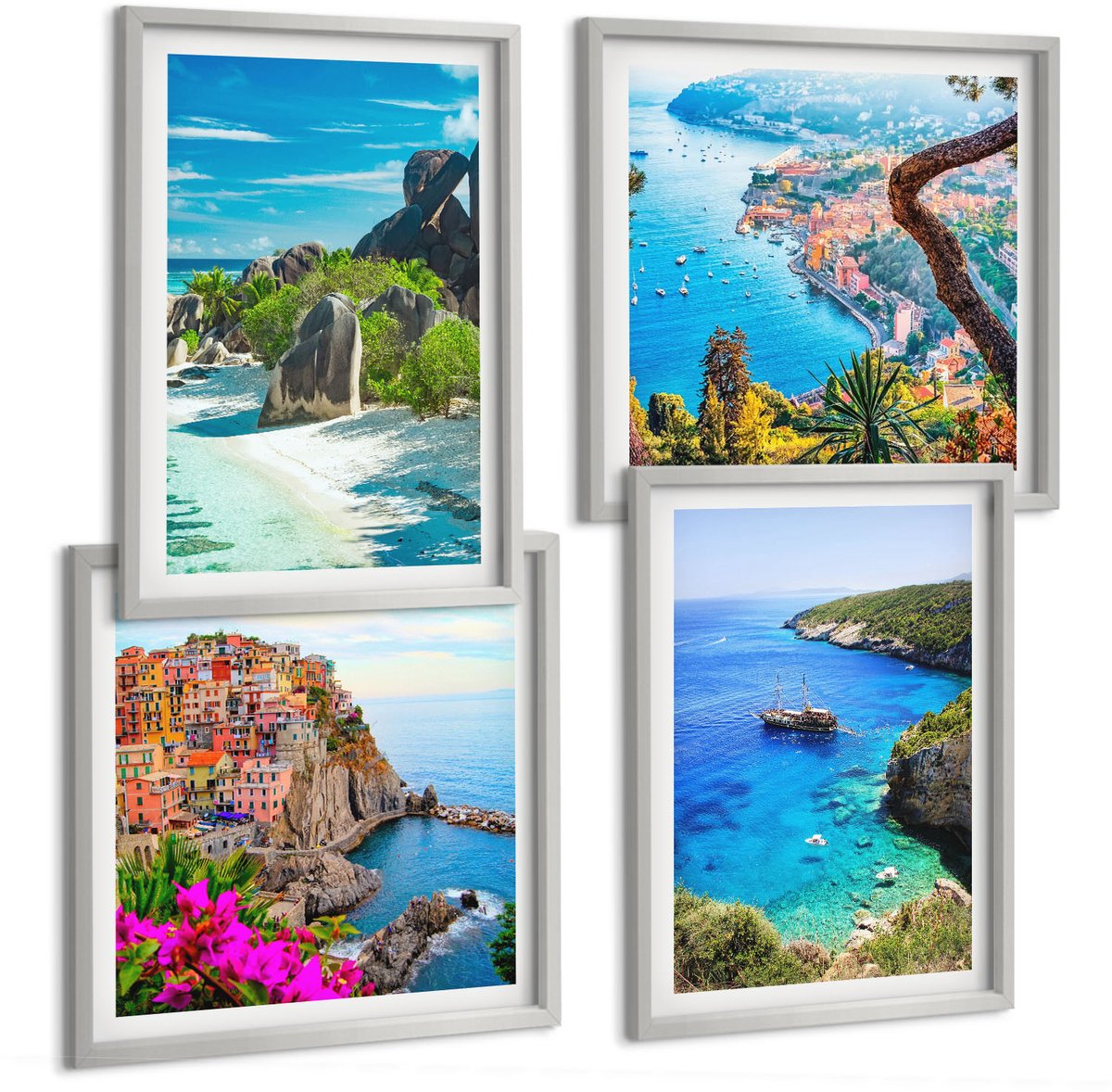 Coloray 4-Delige Schilderij Set - Uitzicht Op Zee Met Palmbomen En Blauw Water - 40 x 40 cm En 40 x 60 cm - Wanddecoratie - Woonkamer Decoratie - Interieur Decoratie