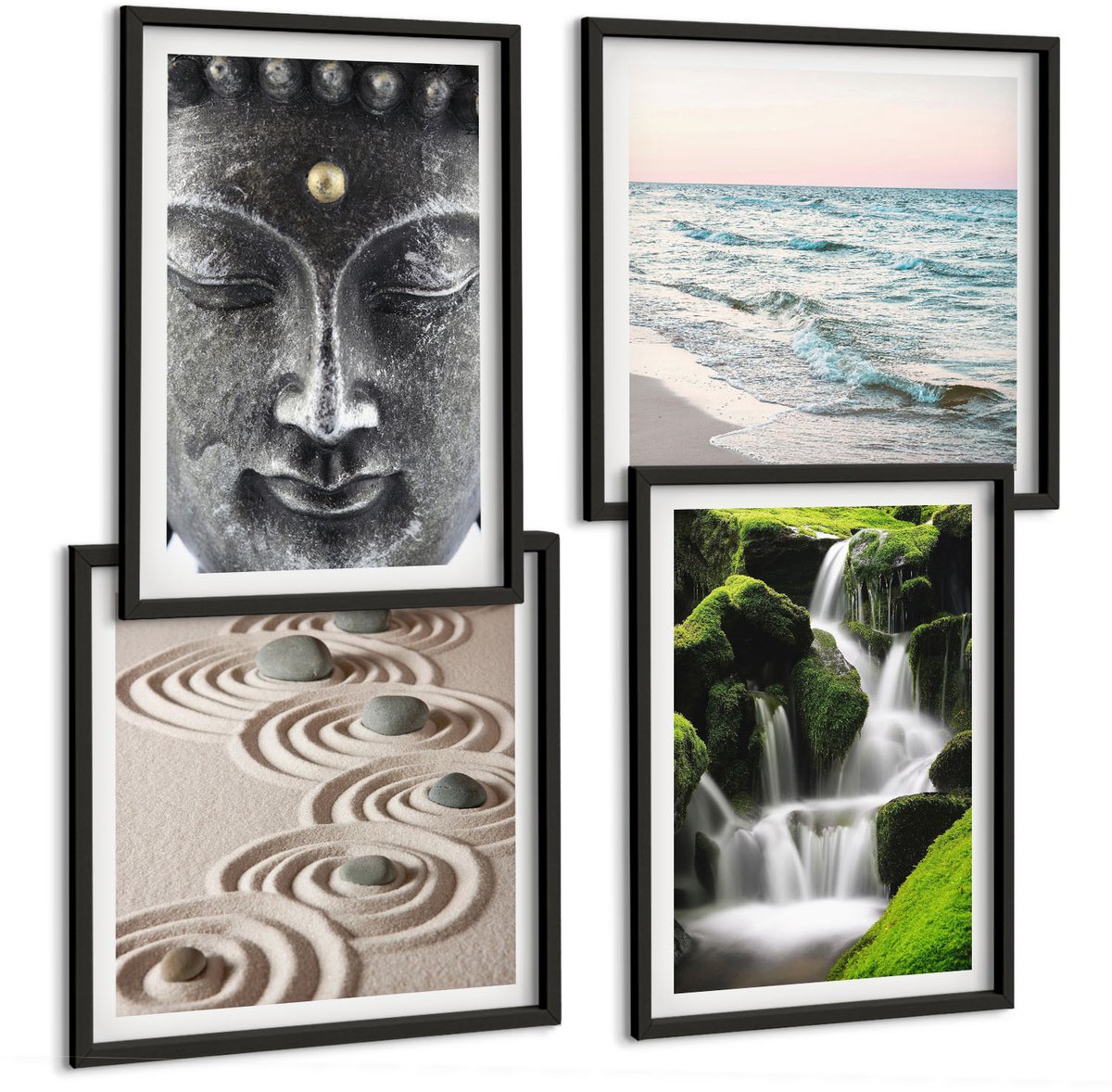 Coloray 4-Delige Schilderij Set - Rust Van De Natuur Met Stenen, Een Waterval En Een Boeddha. - 40 x 40 cm En 40 x 60 cm - Muurdecoratie - Interieur Decoratie - Wanddecoratie Zwarte lijst