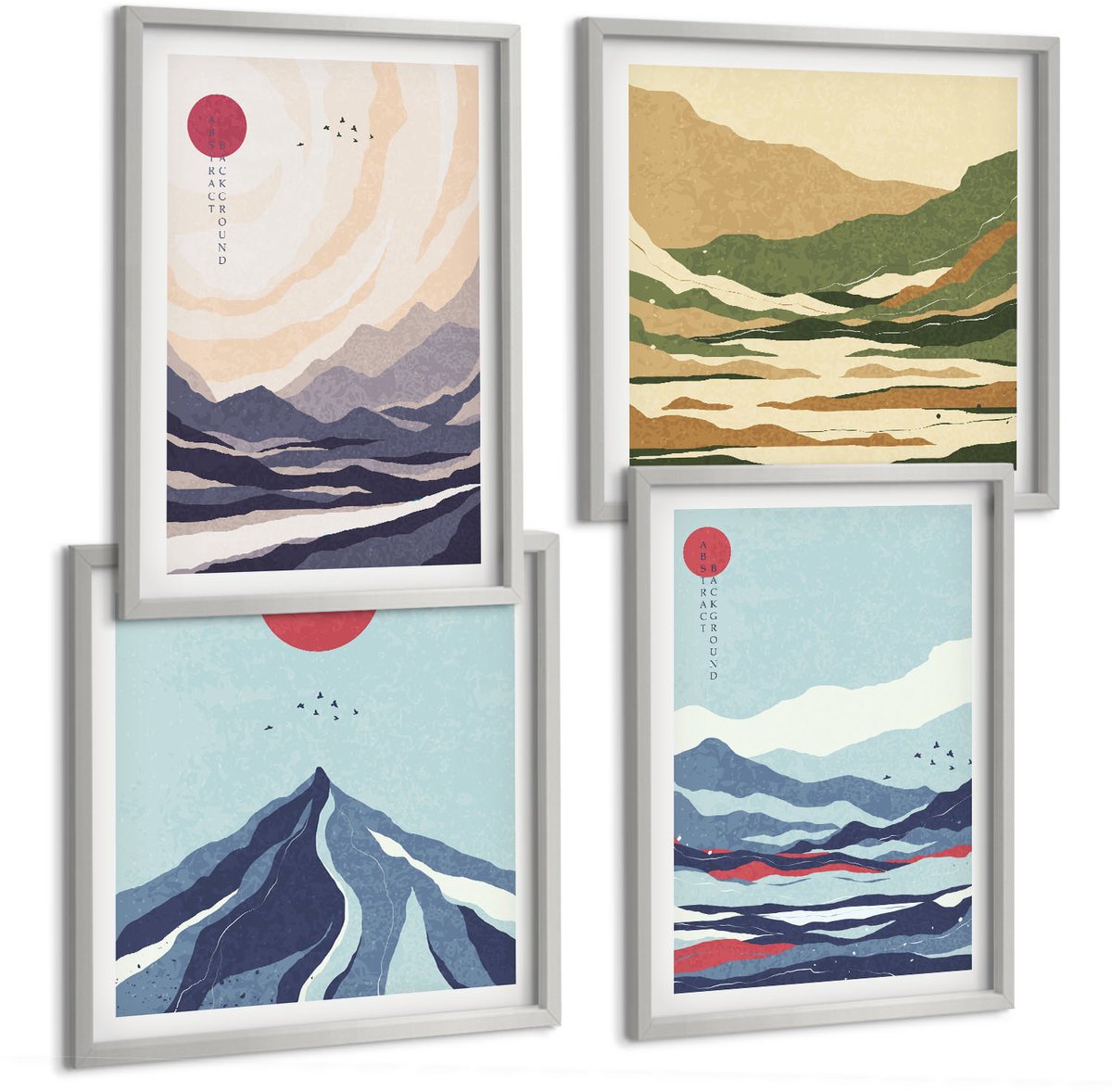 Coloray 4-Delige Schilderij Set - Abstracte Berglandschappen In Japanse Stijl - 40 x 40 cm En 40 x 60 cm - Moderne Wanddecoratie - Slaapkamer - Interieur Decoratie