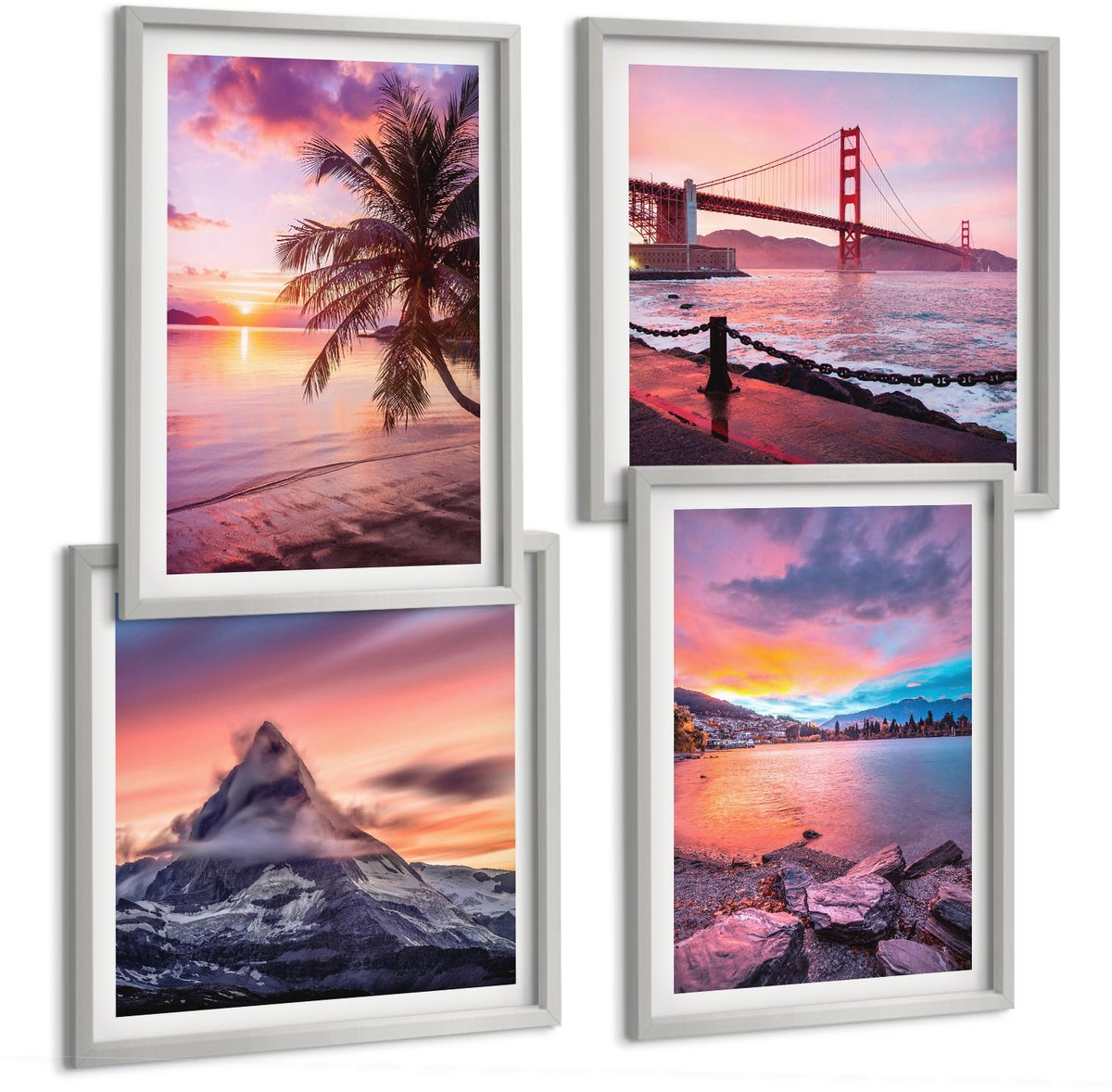 Coloray 4-Delige Schilderij Set - Zonsondergangen Boven De Brug En Het Waterlandschap - 40 x 40 cm En 40 x 60 cm - Decoratieve Muurdecoratie - Slaapkamer