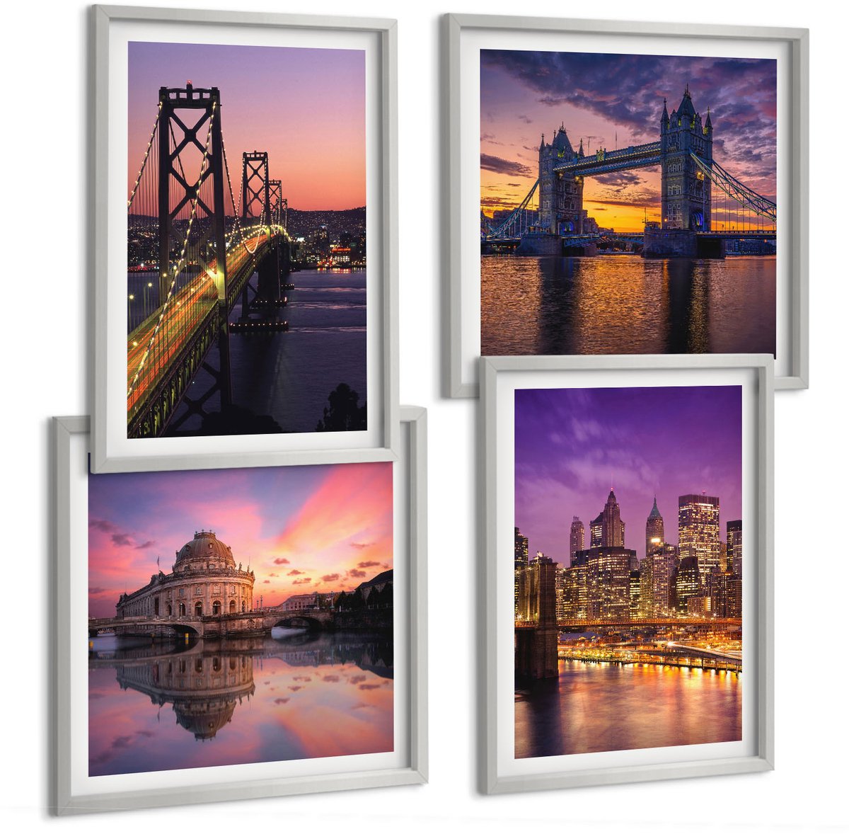 Coloray 4-Delige Schilderij Set - Bruggen Bij Zonsondergang En Stedelijke Landschappen - 40 x 40 cm En 40 x 60 cm - Muurdecoratie - Wanddecoratie - Slaapkamer - Decoratieve Schilderijen
