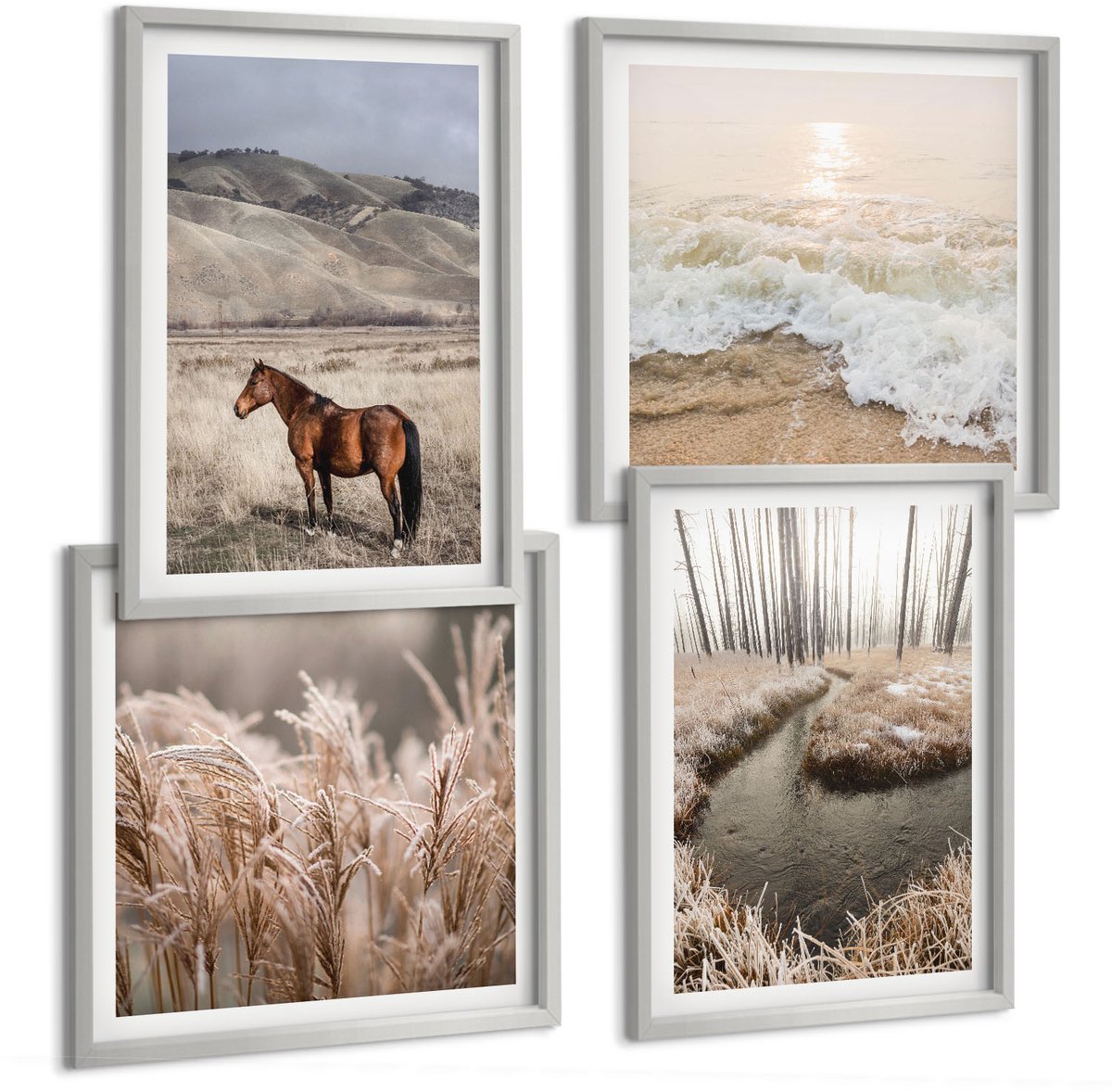 Coloray 4-Delige Schilderij Set - Paardenlandschap Van Zeegrasbos En Beek - 40 x 40 cm En 40 x 60 cm - Muurdecoratie - Schilderijen Set - Woonkamer