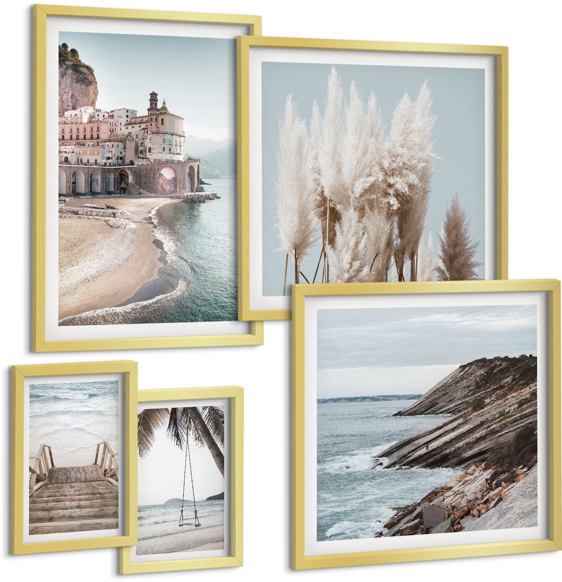 Coloray 5-Delige Schilderij Set - Stijlvol Uitzicht Op Zee Met Stranden En Architectuur - 50 x 50 cm, 20 x 30 cm En 40 x 60 cm - Stijlvolle Muurdecoratie - Kantoor