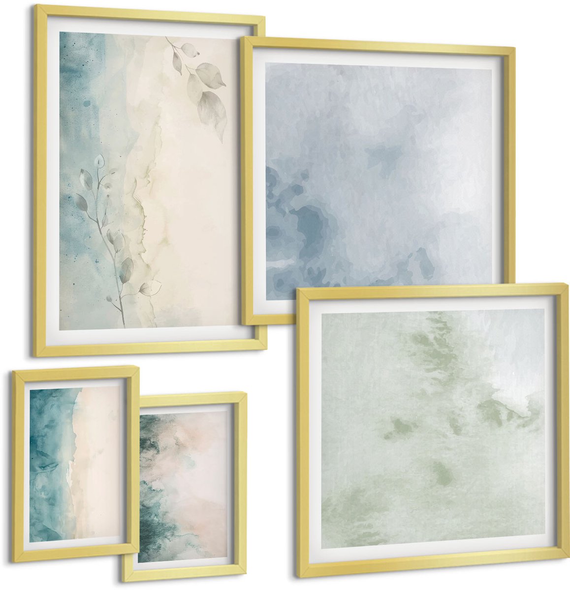 Coloray 5-Delige Schilderij Set - Aquarellen Op Canvas In Minimalistische Stijl - 50 x 50 cm, 20 x 30 cm En 40 x 60 cm - Moderne Wanddecoratie - Slaapkamer - Woonkamer Decoratie