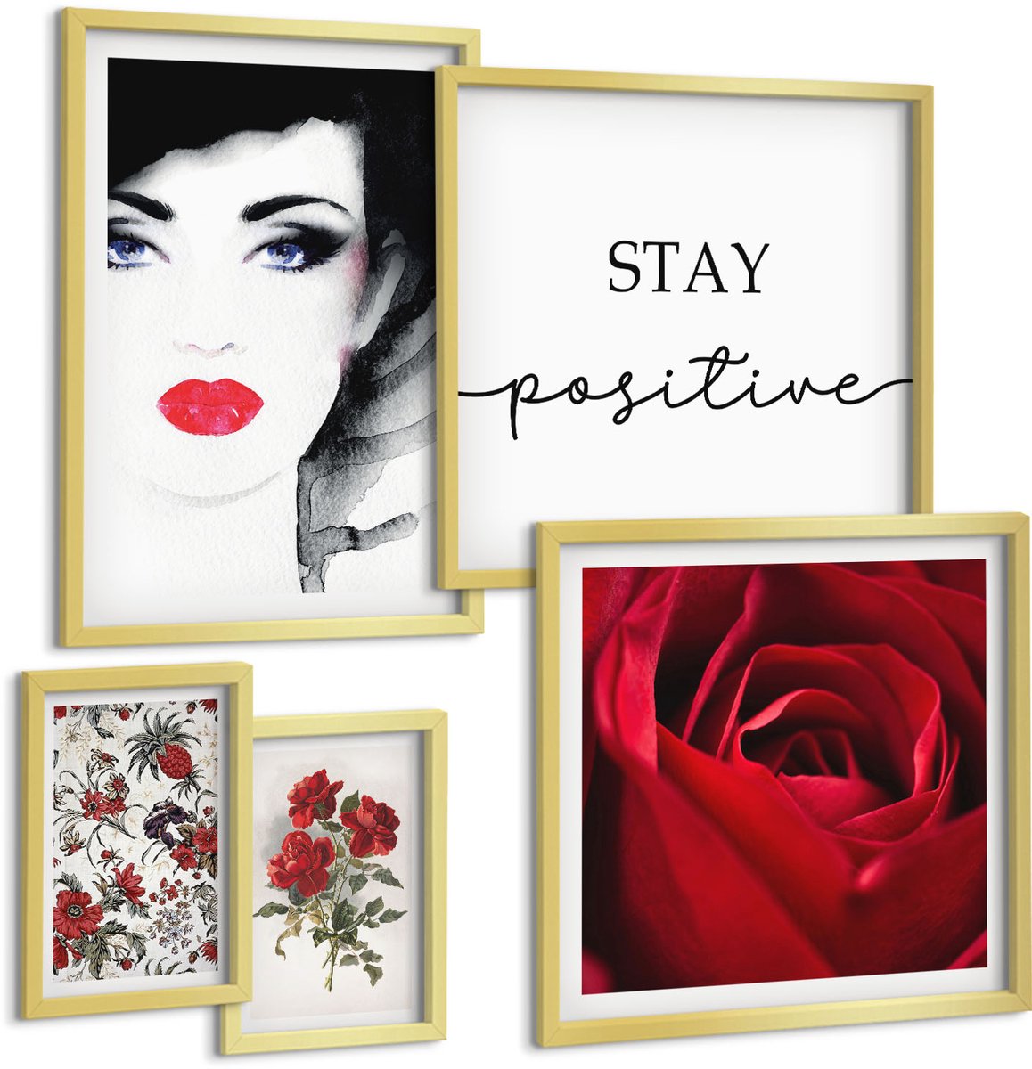 Coloray 5-Delige Schilderij Set - Vrouwenportretten En Vintage Bloemen - 50 x 50 cm, 20 x 30 cm En 40 x 60 cm - Wanddecoratie - Schilderijen Set - Kantoor - Moderne Wanddecoratie