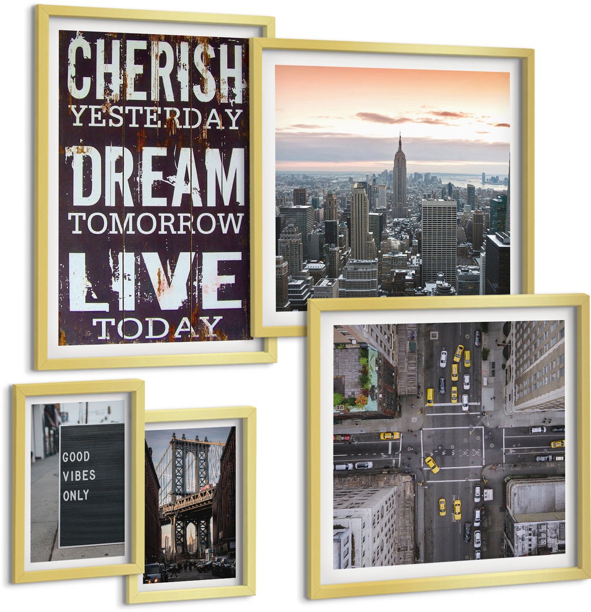 Coloray 5-Delige Schilderij Set - Inspirerende Slogans En Beelden Van Stedelijke Landschappen - 50 x 50 cm, 20 x 30 cm En 40 x 60 cm - Stijlvolle Muurdecoratie - Kantoor - Moderne Wanddecoratie