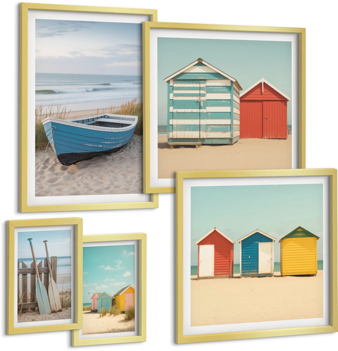 Coloray 5-Delige Schilderij Set - Uitzicht Op Zee, Kleurrijke Strandhuizen En Boten. - 50 x 50 cm, 20 x 30 cm En 40 x 60 cm - Moderne Wanddecoratie - Slaapkamer - Muurdecoratie