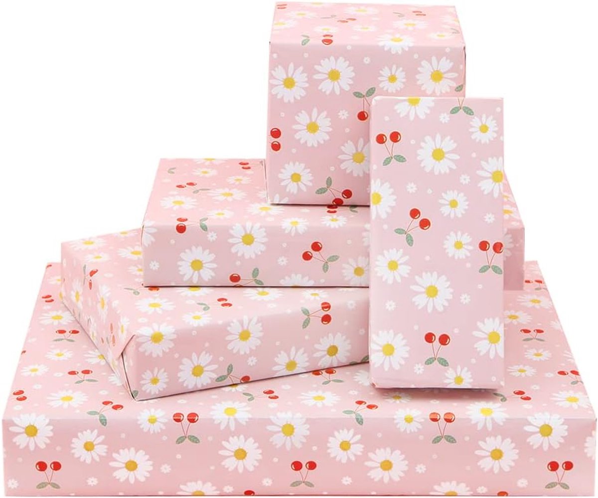 Inovra Plus - Bloemen cadeaupapier voor kinderen met madeliefjes en kersen - Set van 4 vellen voor verjaardag en meer