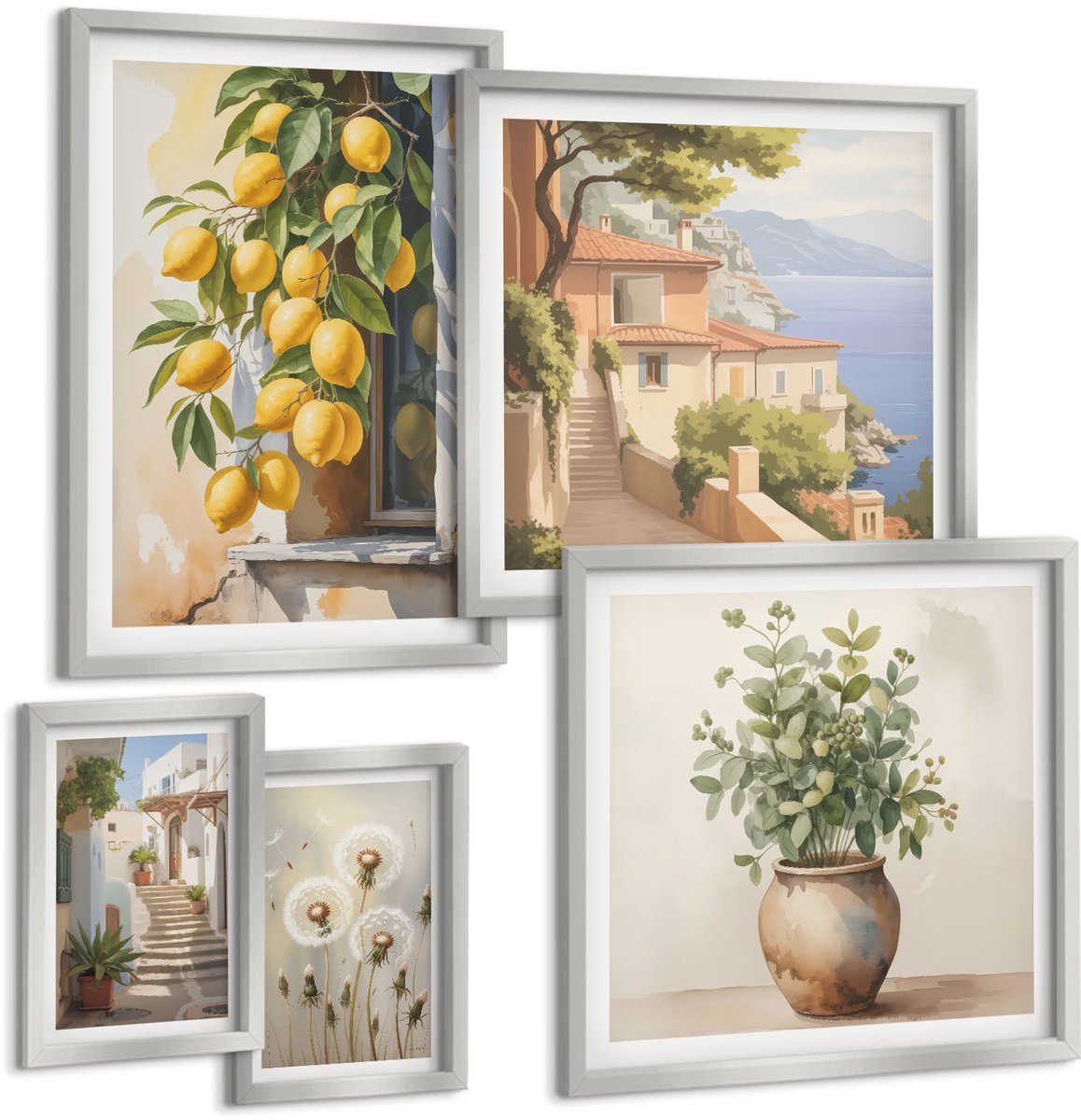 Coloray 5-Delige Schilderij Set - Sfeervolle Straatjes Met Citroenbomen En Uitzicht Op Zee. - 20 x 30 cm - Muurdecoratie - Wanddecoratie - Hal - Interieur Decoratie