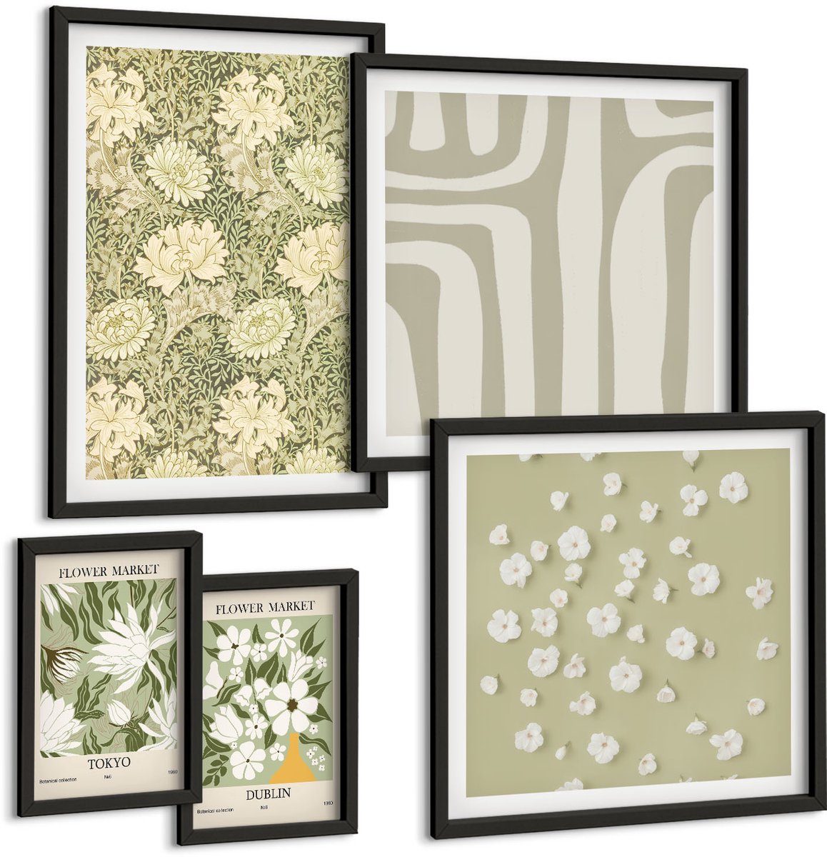 Coloray 5-Delige Schilderij Set - Plantenmotieven In Boho-Stijl Met Bloemenaccenten - 50 x 50 cm, 20 x 30 cm En 40 x 60 cm - Muurdecoratie - Wanddecoratie - Hal - Moderne Wanddecoratie