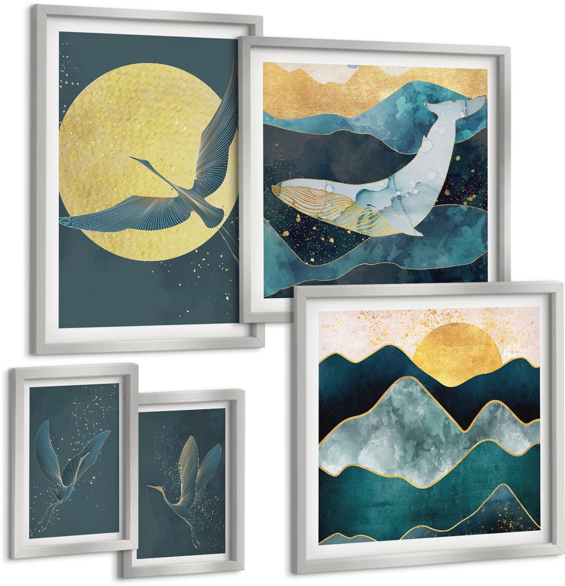 Coloray 5-Delige Schilderij Set - Kraanvogels In Vlucht Tegen De Achtergrond Van De Maan En De Sterren. - 20 x 30 cm - Decoratieve Schilderijen - Wanddecoratie - Hal - Muurdecoratie