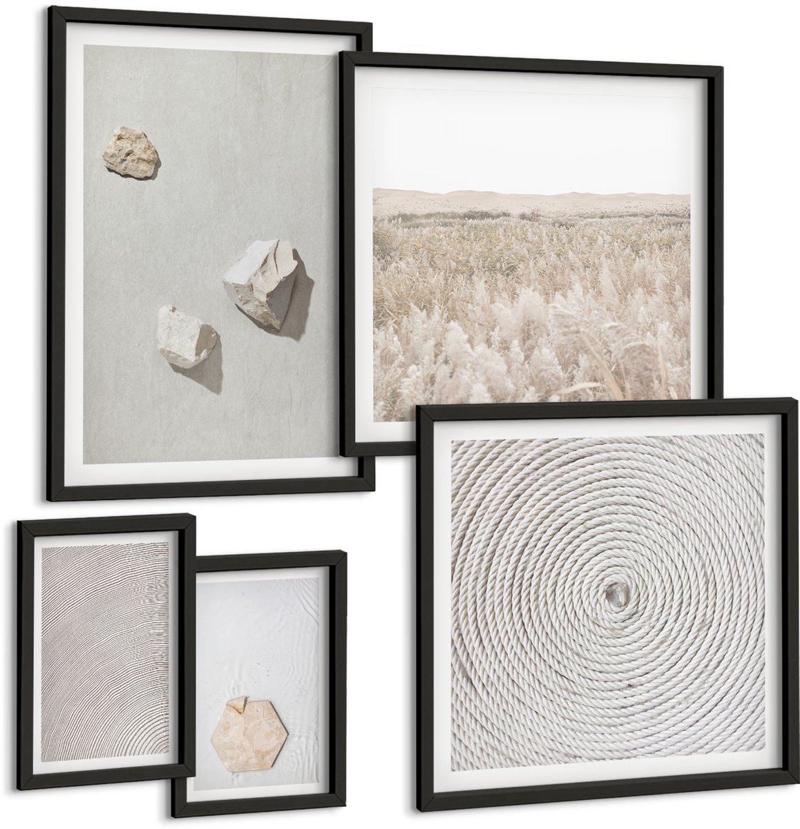 Coloray 5-Delige Schilderij Set - Lichte Texturen Op Zand, Delicate Boho-Stijl - 50 x 50 cm, 20 x 30 cm En 40 x 60 cm - Muurdecoratie - Decoratieve Schilderijen - Wohnzimmer