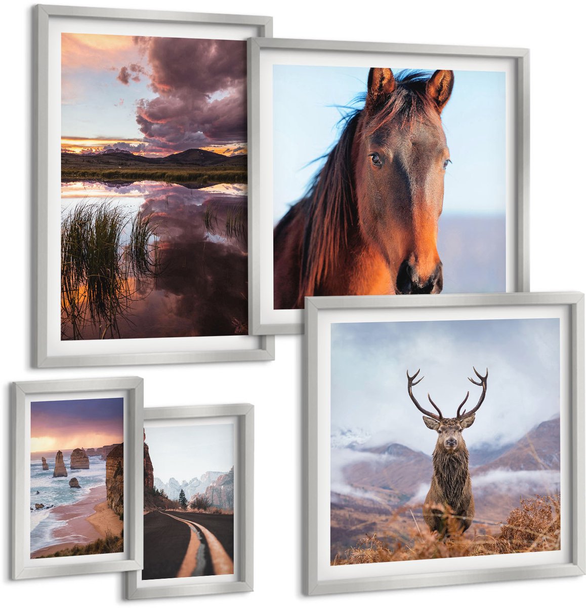 Coloray 5-Delige Schilderij Set - Berglandschappen Met Rendieren En Een Weg In De Natuur - 20 x 30 cm - Muurdecoratie - Schilderijen Set - Woonkamer - Stijlvolle Muurdecoratie