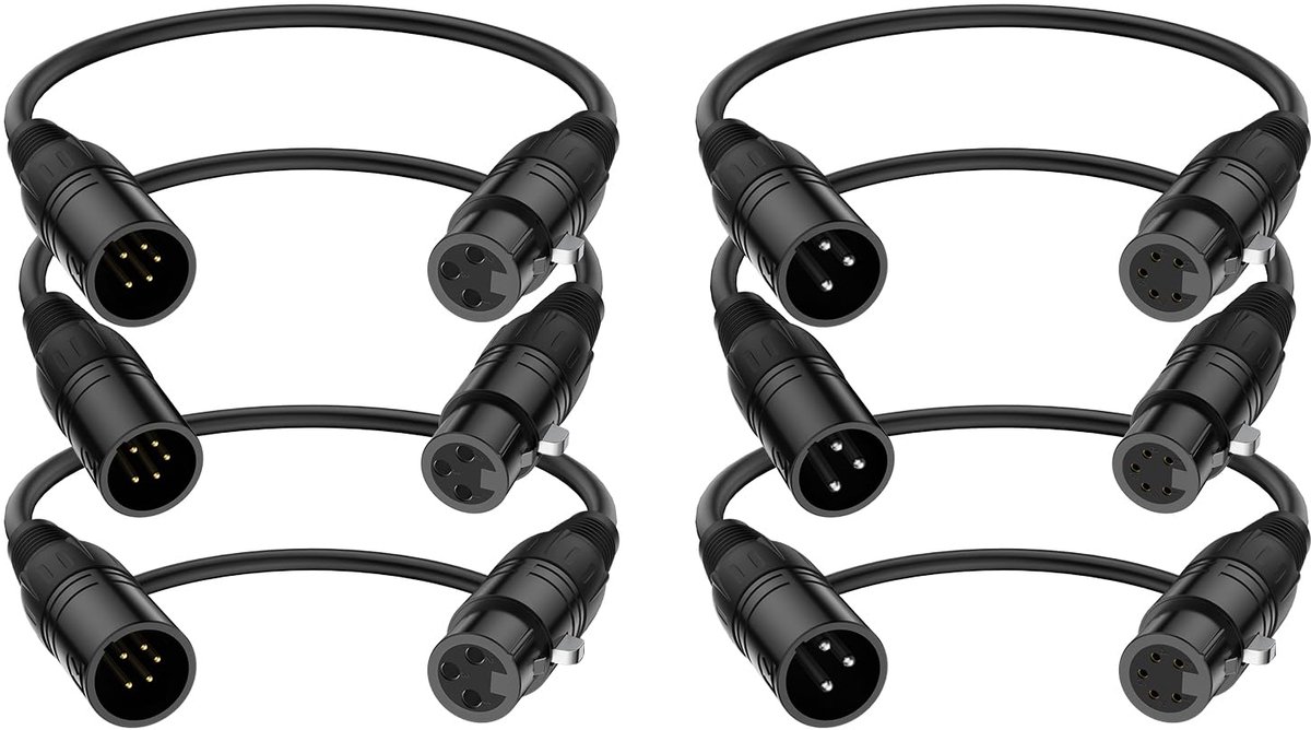 Kabel 6-Pack, 3-Pins naar 5-Pins Adapter (Mannelijk naar Vrouwelijk & Vrouwelijk naar Mannelijk) - DMX Microfoonkabel voor Audio en Podiumverlichting, DMX512 Lichtadapter, 30 cm