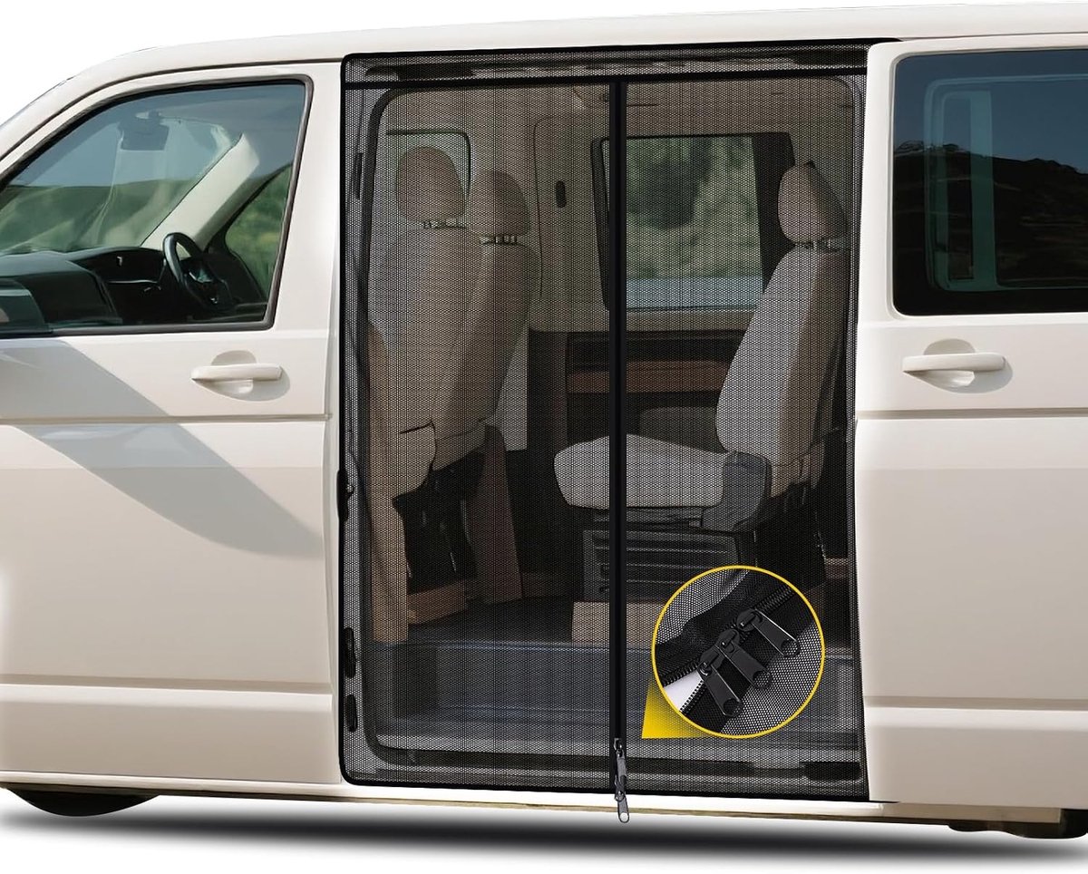 Vliegengaas voor zijdeur, VW T5 T6, ritssluiting in het midden, zonwering, magnetische zuiging, net