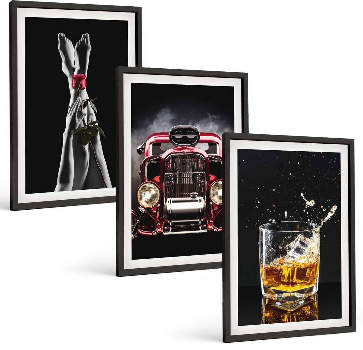 Coloray 3-Delige Schilderij Set - Vrouwenbenen Met Roos, Oude Auto, Glas Whisky - 40 x 60 cm - Muurdecoratie - Schilderijen Set - Woonkamer - Interieur Decoratie