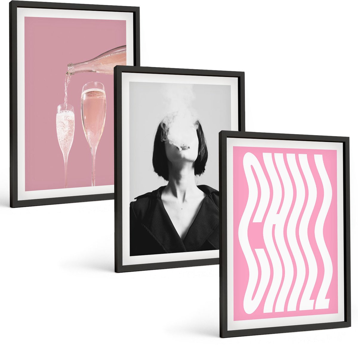 Coloray 3-Delige Schilderij Set - Stijlvol Portret Van Een Vrouw, Champagne En Ontspanning. - 40 x 60 cm - Decoratieve Schilderijen - Woonkamer - Interieur