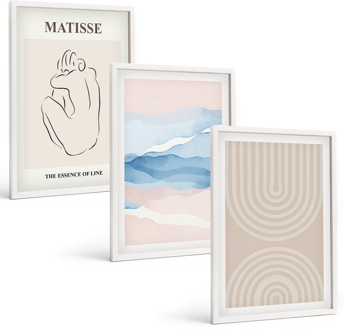 Coloray 3-Delige Schilderij Set - Lijnen En Golven In Pasteltinten Met Een Minimalistisch Accent. - 40 x 60 - Moderne Wanddecoratie - Slaapkamer - Woonkamer Decoratie