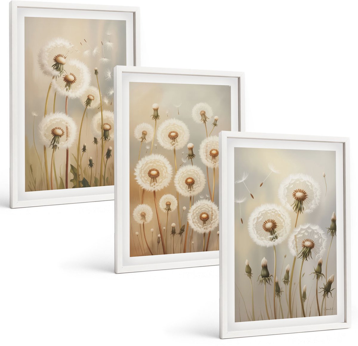 Coloray 3-Delige Schilderij Set - Witte Paardenbloemen Op Een Achtergrond Van Lichte Kleuren. - 40 x 60 - Wanddecoratie - Muurdecoratie - Moderne Interieurdecoratie