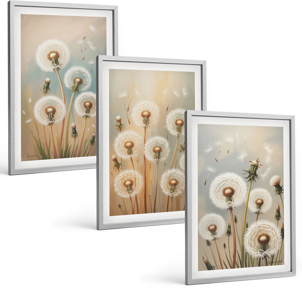 Coloray 3-Delige Schilderij Set - Paardenbloemen Op Een Pastelkleurige Achtergrond - 40 x 60 cm - Wanddecoratie - Muurdecoratie - Woonkamer - Moderne Wanddecoratie