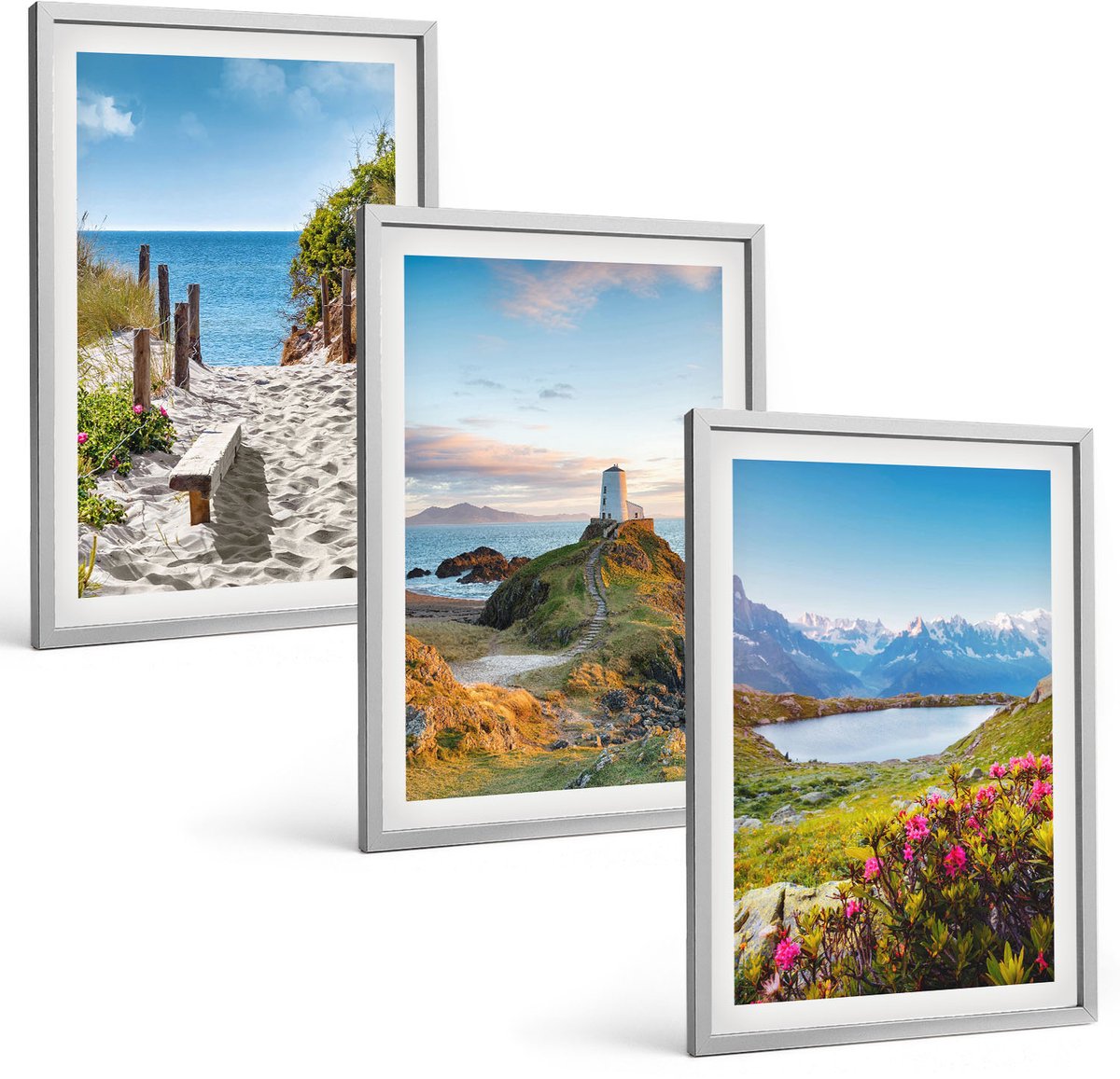 Coloray 3-Delige Schilderij Set - Uitzicht Op De Vuurtoren, Het Strand, De Bergen En De Bloemen. - 40 x 60 cm - Wanddecoratie - Muurdecoratie - Moderne Interieurdecoratie - Decoratieve Schilderijen