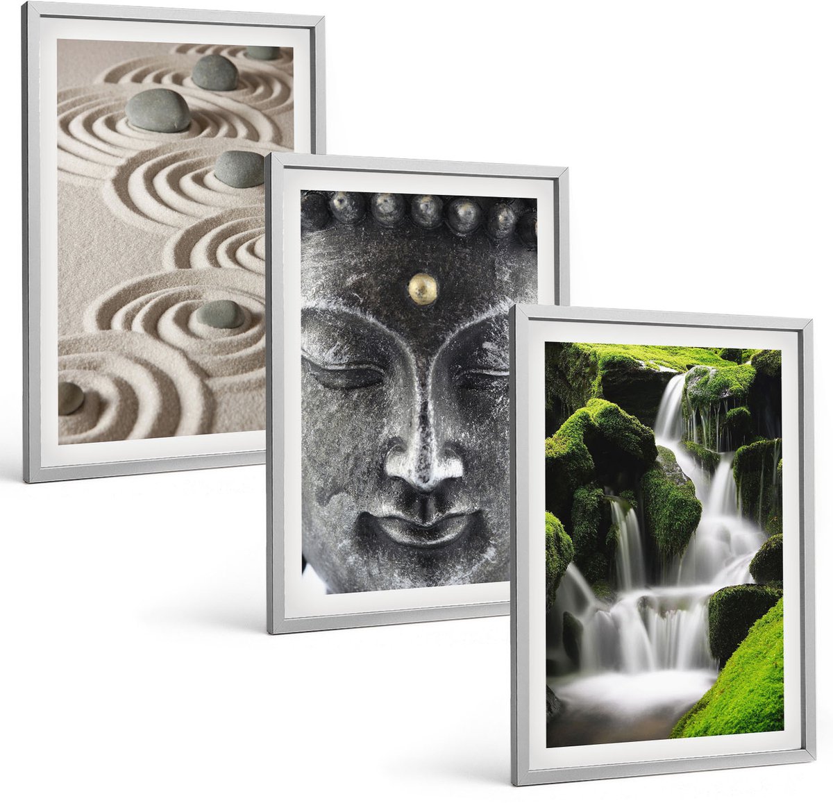 Coloray 3-Delige Schilderij Set - Rust Van De Natuur Met Stenen, Een Waterval En Een Boeddha. - 40 x 60 cm - Muurdecoratie - Decoratieve Schilderijen - Wohnzimmer - Moderne Wanddecoratie