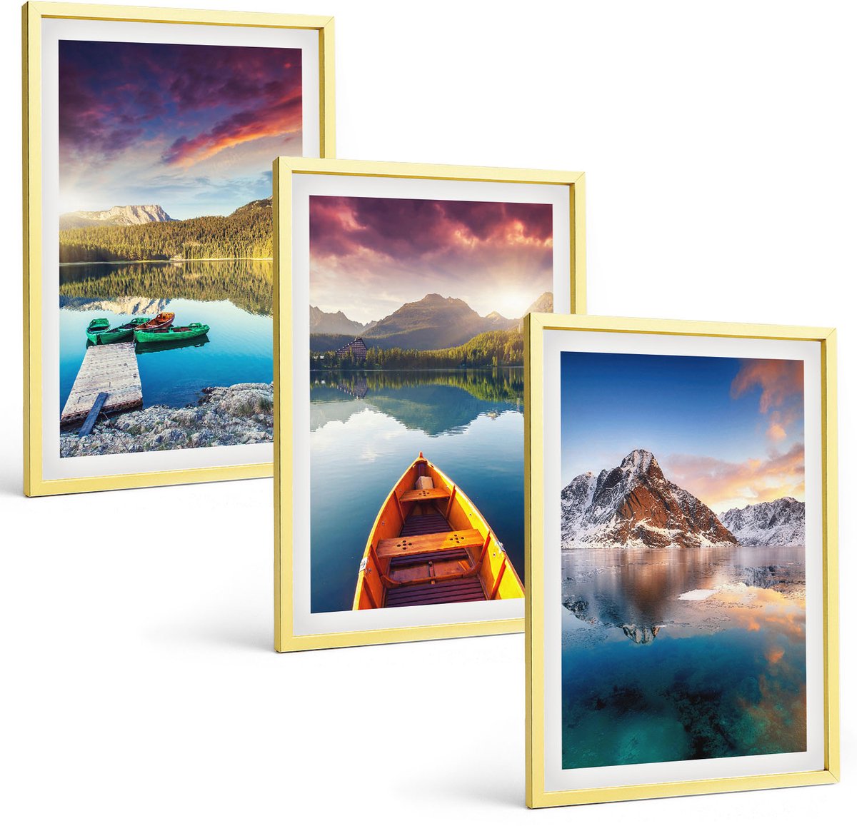 Coloray 3-Delige Schilderij Set - Vogels, Kraanvogels In Vlucht, Maan, Sterren En Berglandschap - 40 x 40 cm En 40 x 60 cm - Muurdecoratie - Wanddecoratie - Hal