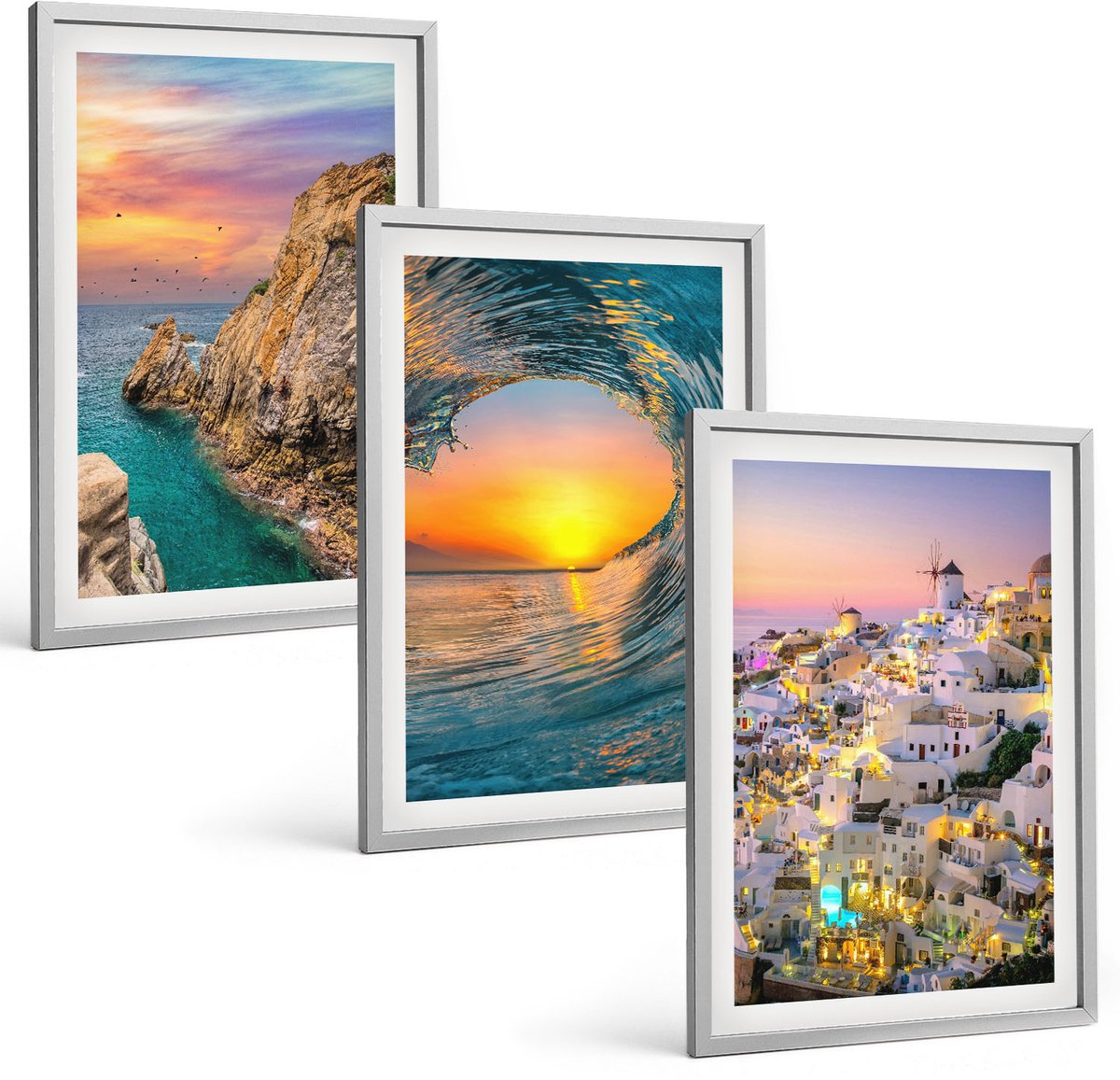 Coloray 3-Delige Schilderij Set - Uitzicht Op De Zee, De Golven En De Witte Huizen Op Santorini, Griekenland - 40 x 60 cm - Wanddecoratie - Moderne Interieurdecoratie - Decoratieve Schilderijen