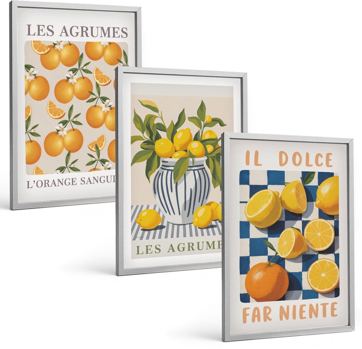 Coloray 3-Delige Schilderij Set - Retro Citrusvruchten Met Gele Accenten - 40 x 60 cm - Wanddecoratie - Muurdecoratie - Woonkamer