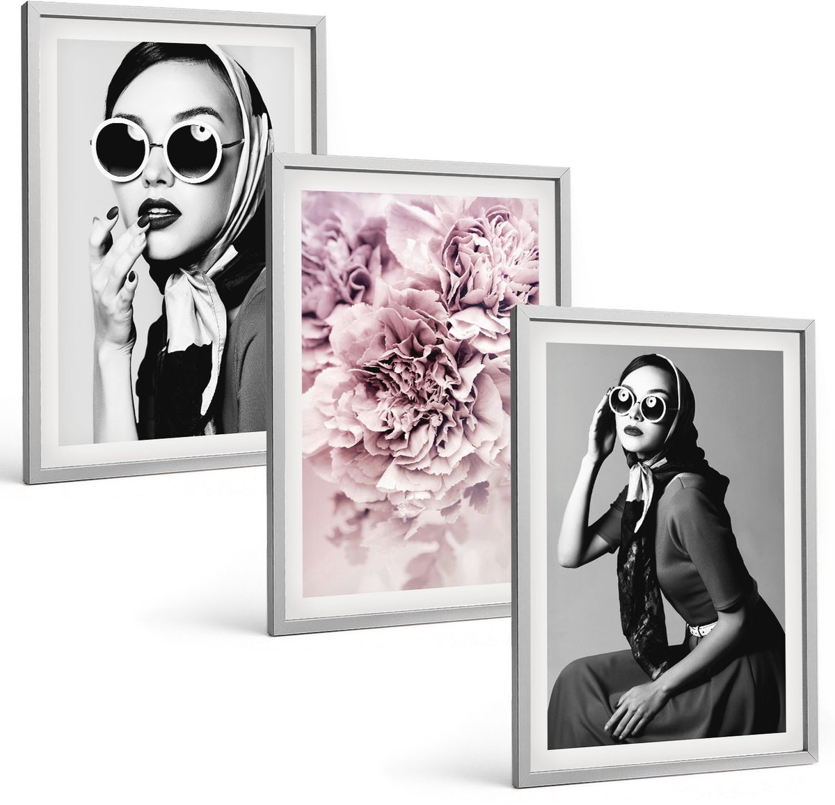Coloray 3-Delige Schilderij Set - Stijlvolle Portretten Van Vrouwen Met Roze Bloemen - 40 x 60 cm - Stijlvolle Muurdecoratie - Slaapkamer - Decoratieve Schilderijen