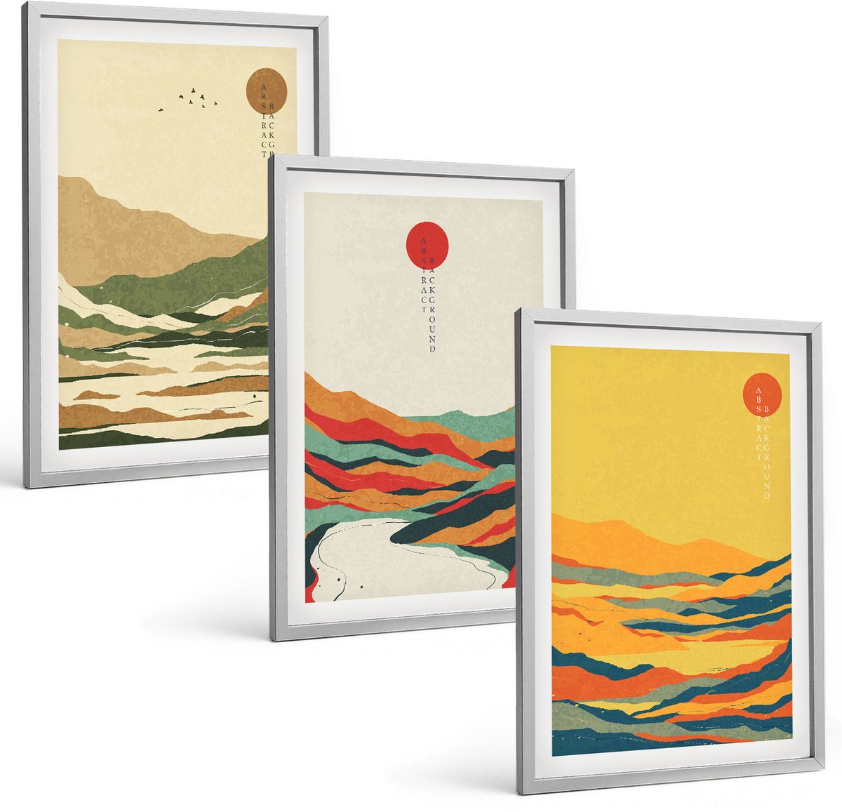 Coloray 3-Delige Schilderij Set - Kleurrijke Patronen Van Bergen En Rivieren In Japandi-Stijl - 40 x 60 cm - Stijlvolle Muurdecoratie - Slaapkamer - Interieur Decoratie