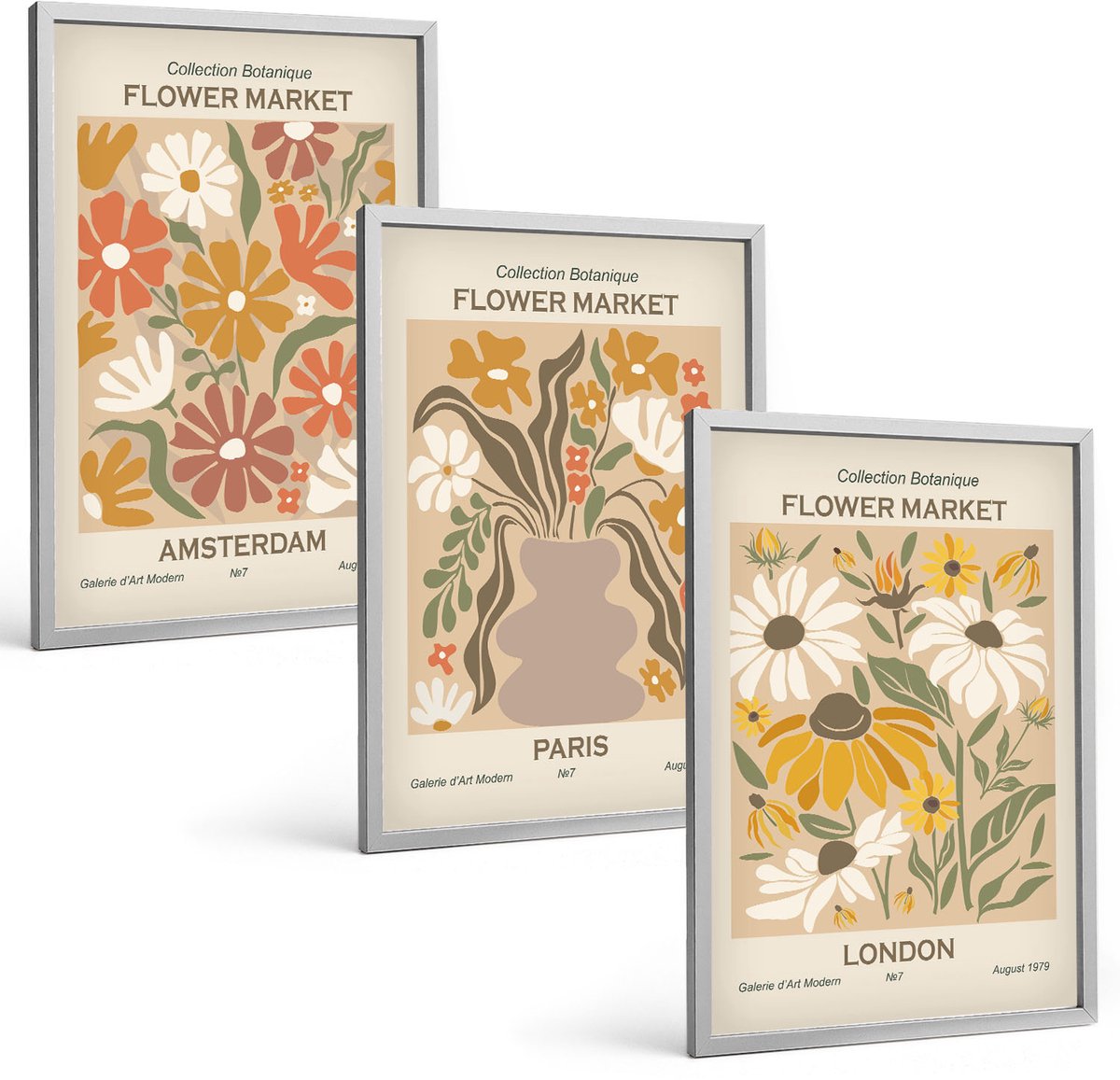Coloray 3-Delige Schilderij Set - Bloemenpatronen Uit Amsterdam, Parijs En Londen - 40 x 60 cm - Decoratieve Schilderijen - Wanddecoratie - Hal - Moderne Wanddecoratie