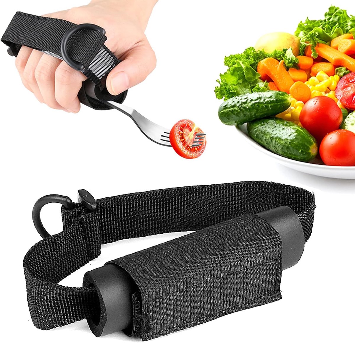 Bestekhouder met polsband, universeel, elastisch, verstelbaar, steunband voor manchet, adapter, eet hulpmiddel, bestekhouder voor ouderen en mensen met een beperking (zwart, 1 stuk)