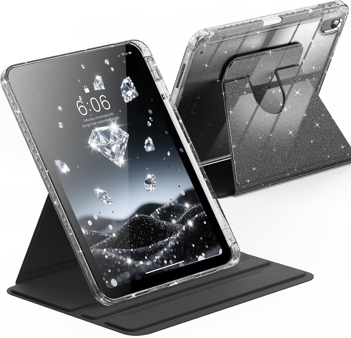 Tolvia Tablet Hoesje - Geschikt voor Apple iPad 11 (2025 A16) / Apple iPad 10.9 (2022) - 360° Draaibare Tablethoes met Penhouder - Glitter Transparant - Zwart