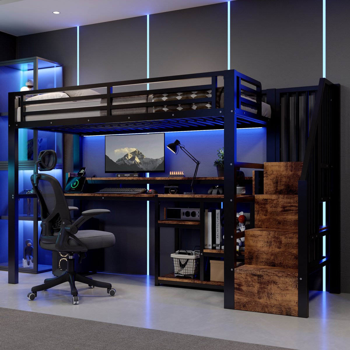 REDOM - Hoogslaper - Metaal en MDF - Bureau en opbergruimte - LED-verlichting - USB en USB-C - Modern - Kinderkamer - Zwart - 90 x 200 cm