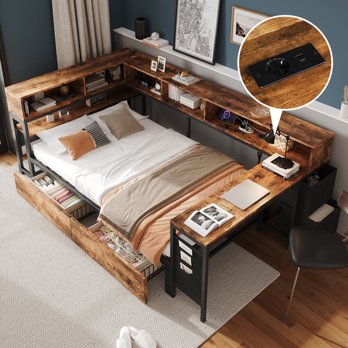 REDOM - Bed - Metalen frame met houtlook - Opbergruimte met 2 lades en vakken - Oplaadpunt en zijtafel - Industrieel design - Metaal MDF Hout - Zwart Natuurlijk - 249 x 142 x 100 cm