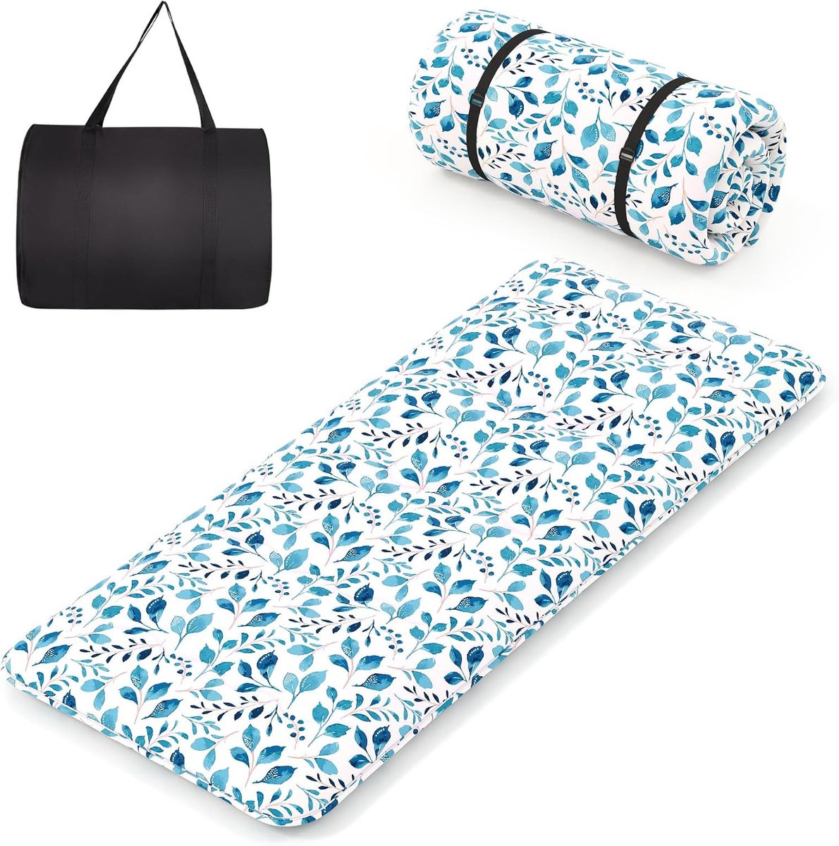 COSTWAY Japanse futonmatras, tatami-mat, vloermatras, opvouwbare matras met wasbare hoes, opvouwbare slaapmat met draagtas, 90 x 200 cm, blauwblad