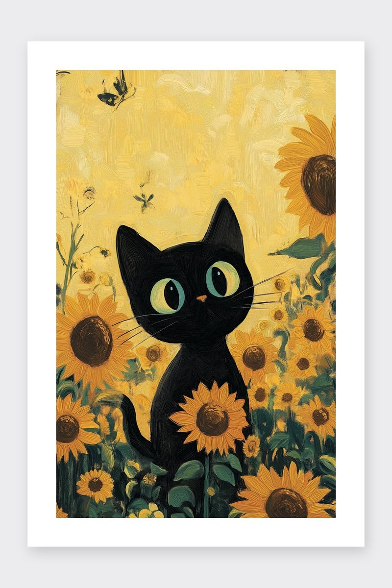 Kat Poster - Zonnebloem - Veld - Kunst - Dieren - Natuur - Kinderkamer - Kinder - posters - formaat 30x40cm - Wanddecoratie - BXS5199AZ - Met kader - passe-partouts stijl